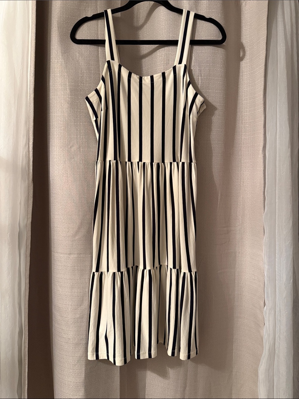 LOFT White Dress with Black Vertical Stripes